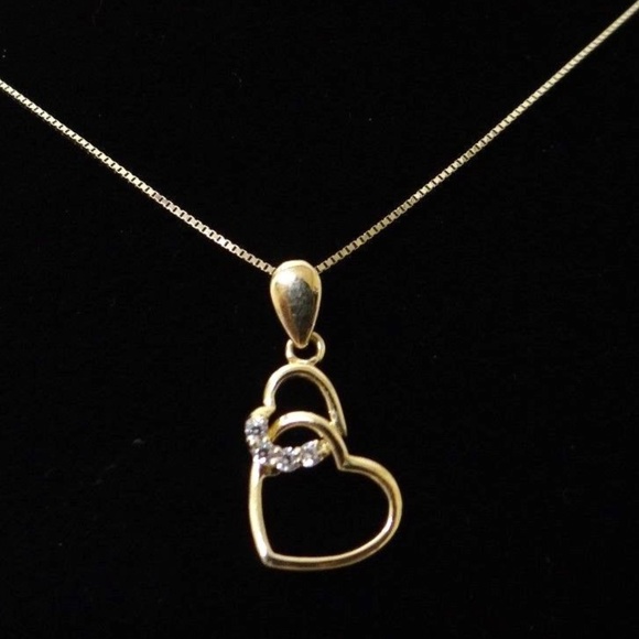 14K Yellow Gold Two Hearts Pendant & 16" Chain 2pc - Picture 3 of 3